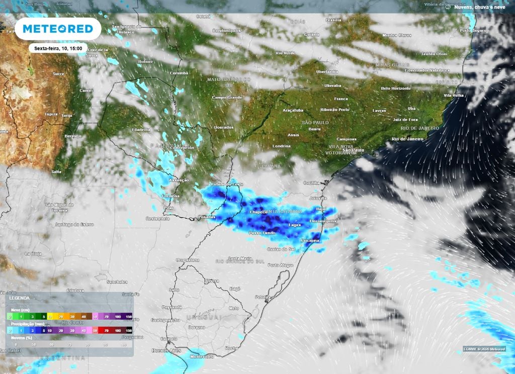 Precipitação. Mapa mostra chuvas intensas e tempestades sobre áreas do Rio Grande do Sul, Santa Catarina e Paraná nesta sexta-feira (11).