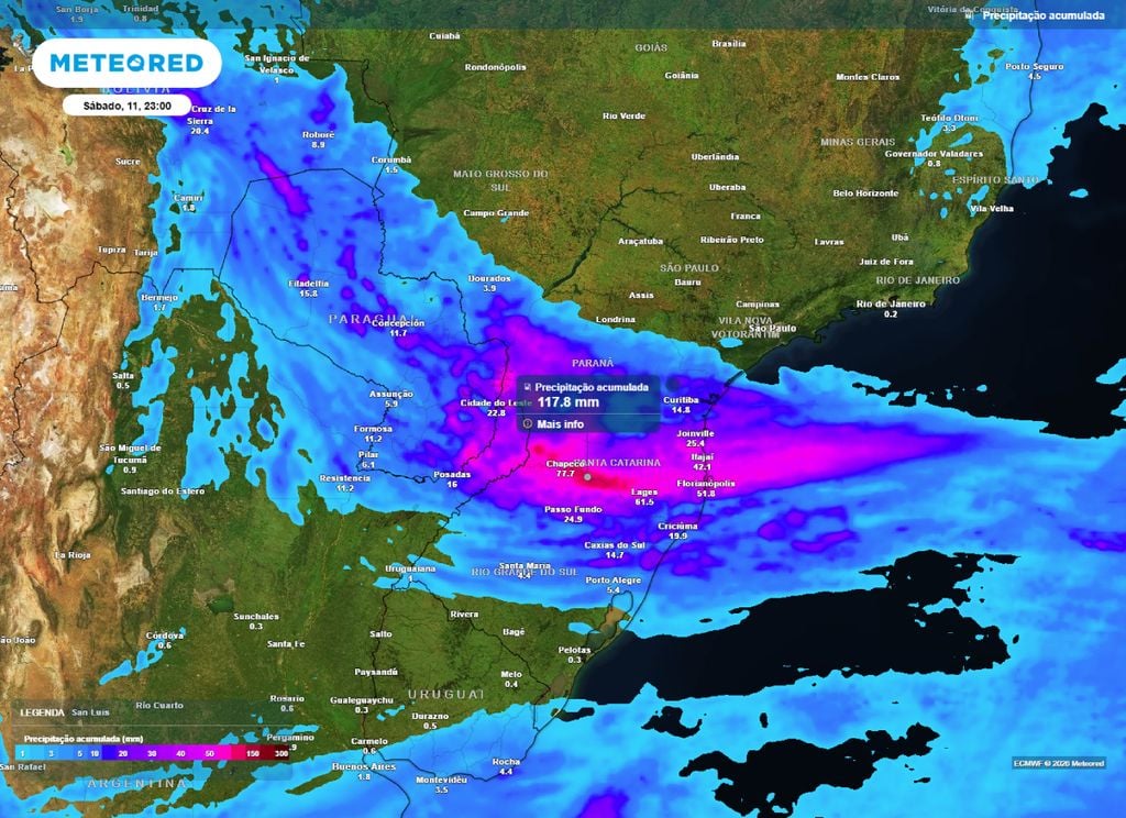 Chuva acumulada. Precipitação acumulada prevista até o final da noite de sábado (11), mostra grandes volumes para a Região Sul.