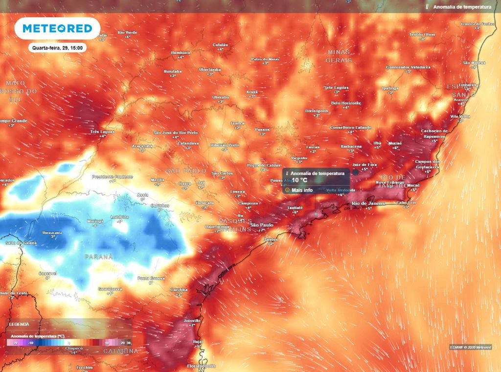 Anomalias de temperatura máxima do ar (em °C) em superfície para a quarta-feira (29), mostrando a abrangência da massa de ar quente com temperaturas até 10°C acima da média.