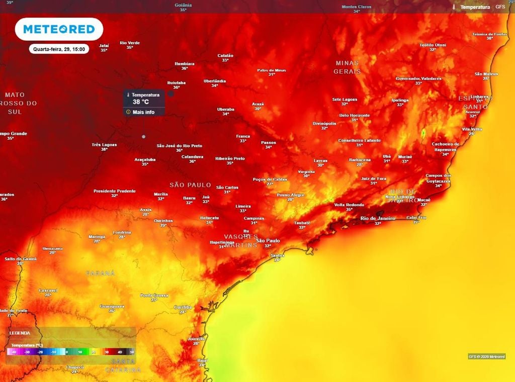 Previsão da temperatura máxima do ar (em °C) para a quarta-feira (29) mostrando temperaturas bem elevadas em São Paulo e no Rio de Janeiro.