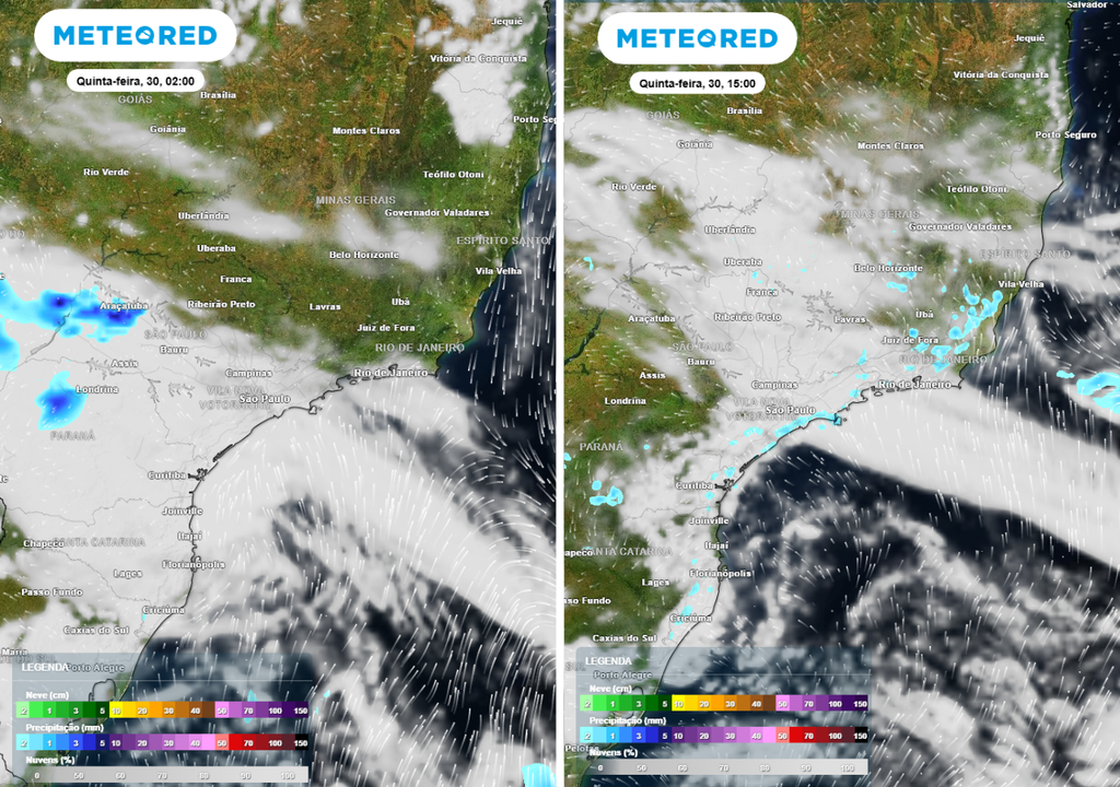 Previsão de precipitação (em mm) e nebulosidade (tons acinzentados) para quinta-feira (30) de madrugada à esquerda e à tarde à direita, segundo o modelo europeu ECMWF.