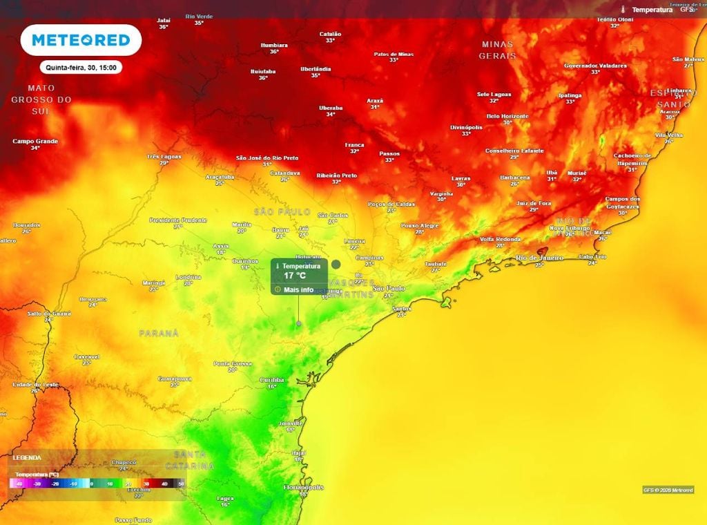 Previsão da temperatura do ar (em °C) para a tarde de quinta-feira (30).