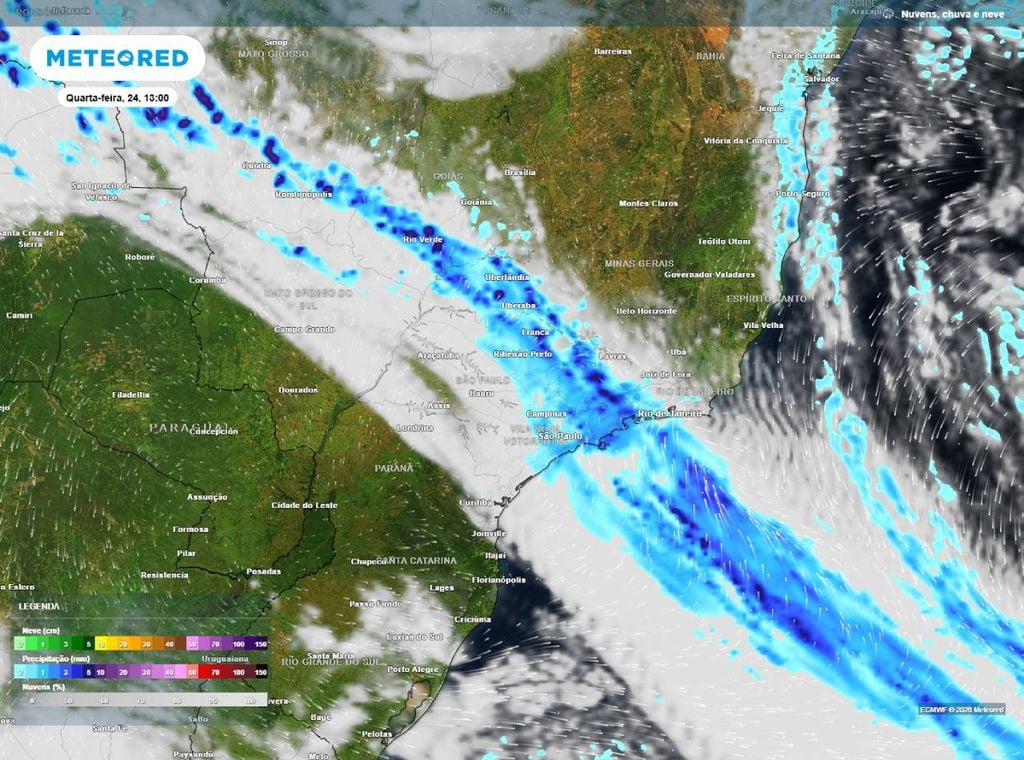 Previsão de precipitação (em mm) e nebulosidade para quarta-feira (24) às 13h , segundo o modelo europeu ECMWF.
