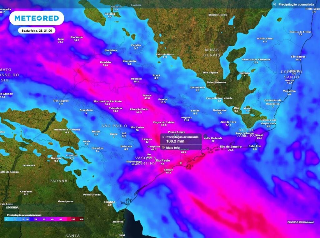 Previsão do acumulado de precipitação (em mm) entre hoje (23) e a noite de sexta-feira (26), segundo o modelo europeu ECMWF.