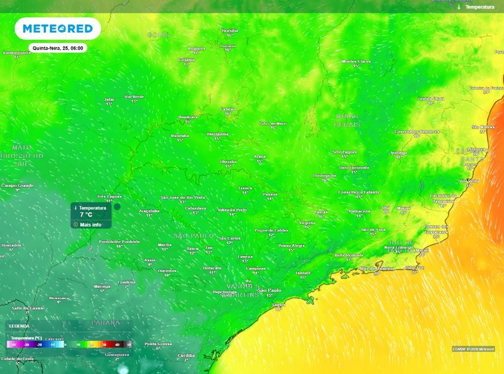 Previsão da temperatura do ar (em °C) para a manhã (6h) de quinta-feira (25), segundo o modelo europeu ECMWF.