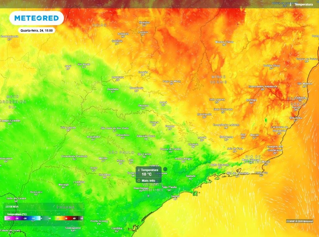 Previsão da temperatura máxima do ar (em °C) para quinta-feira (25) à tarde (15h), segundo o modelo europeu ECMWF.