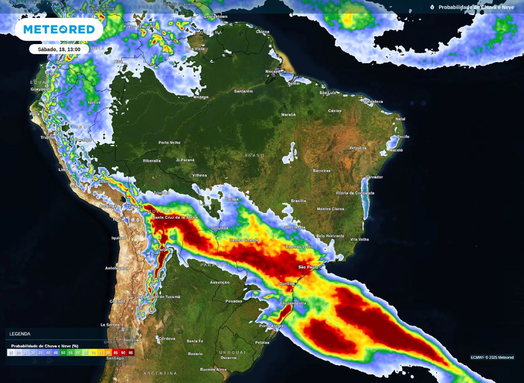 Mapa de possibilidade de precipitação no Brasil na tarde deste sábado (18).