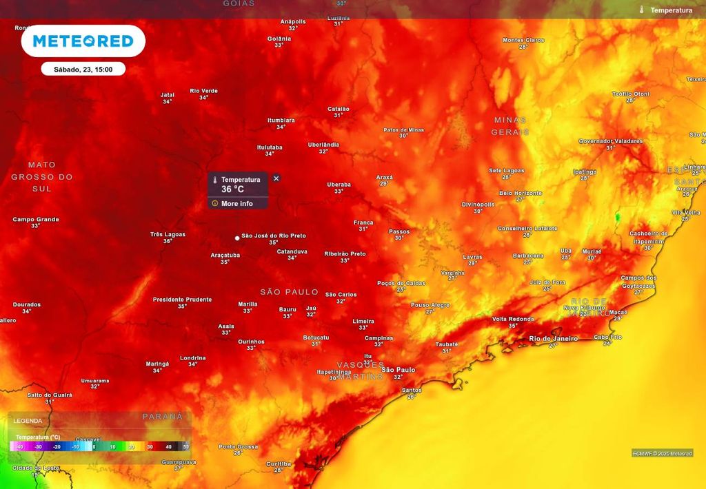 Previsão de temperatura máxima neste sábado (23), de acordo com o ECMWF.