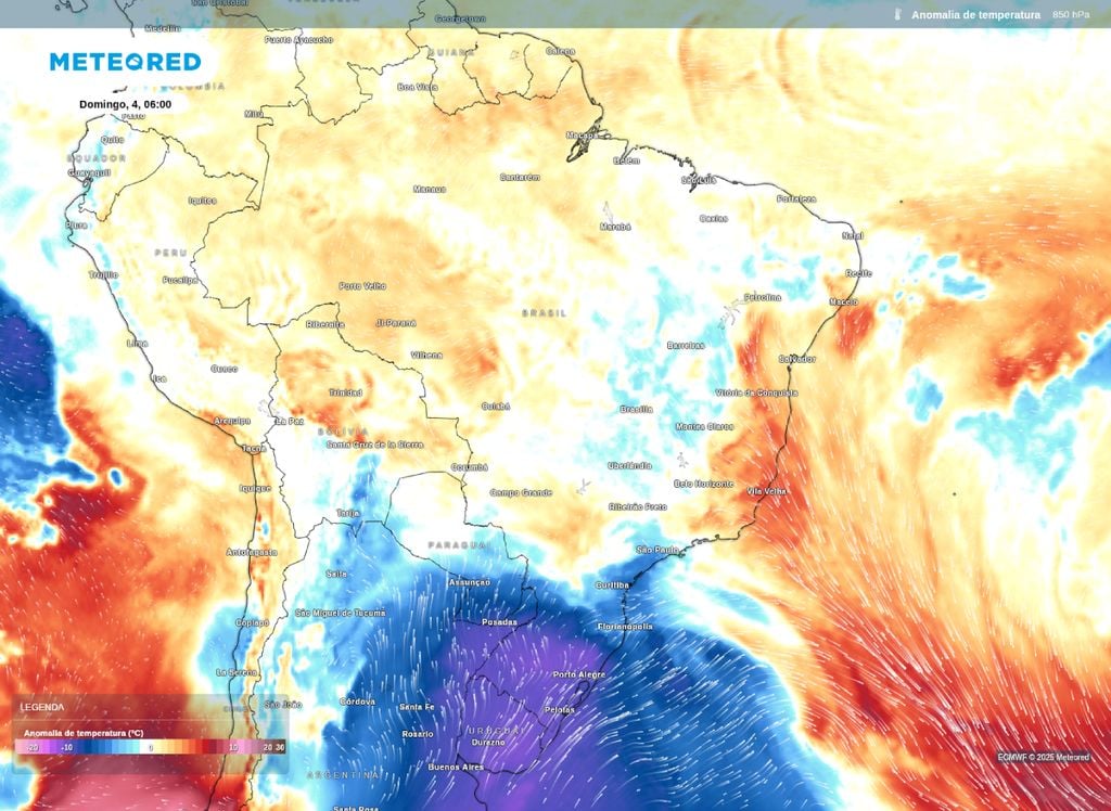 Anomalia de temperatura em 850 hPa.