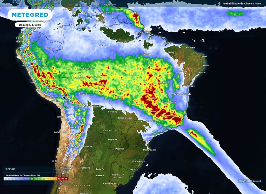 Mapa de probabilidade de chuva sobre o Brasil na tarde de domingo (4).