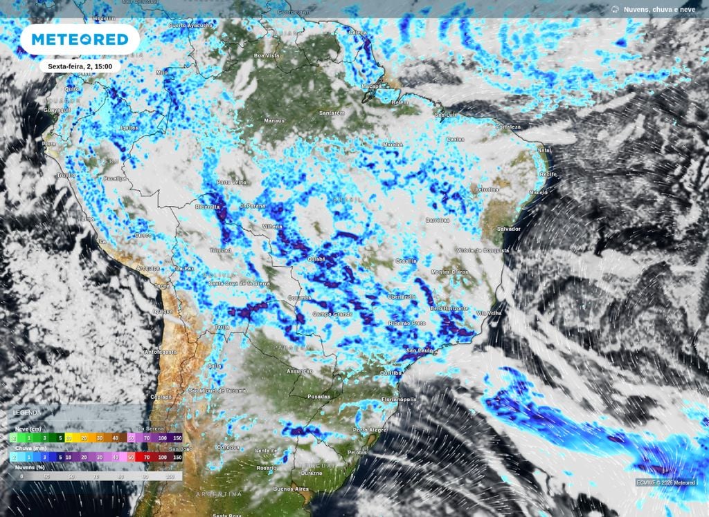 Mapa de precipitação prevista para a tarde desta sexta-feira (2).