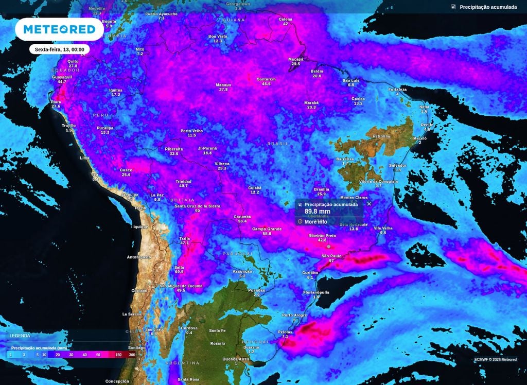 Precipitação acumulada até o final da noite de quinta-feira (12).