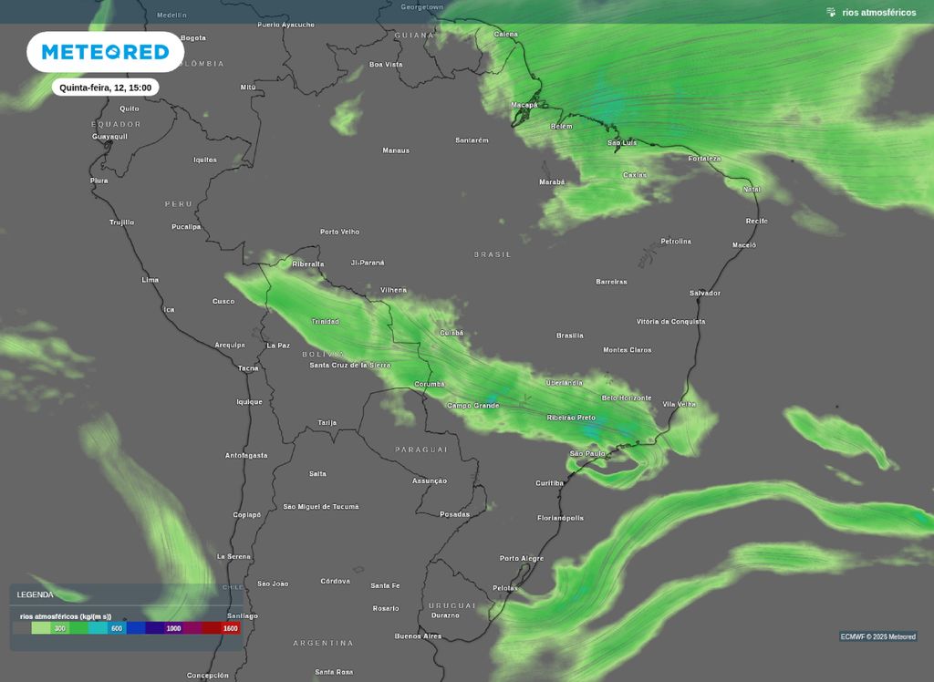 Corredor úmido atuando sobre o Brasil Central na tarde de quinta (12).