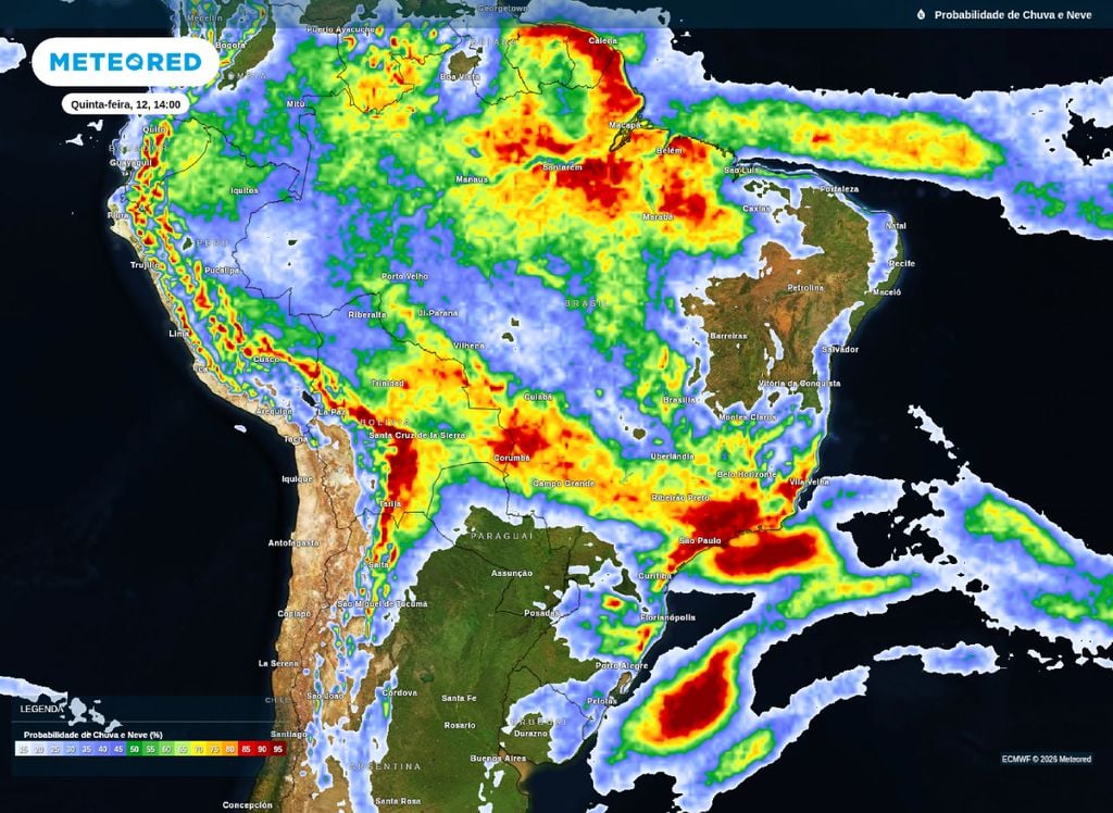 Probabilidade de chuva para a tarde desta quinta-feira (12), segundo o modelo ECMWF.