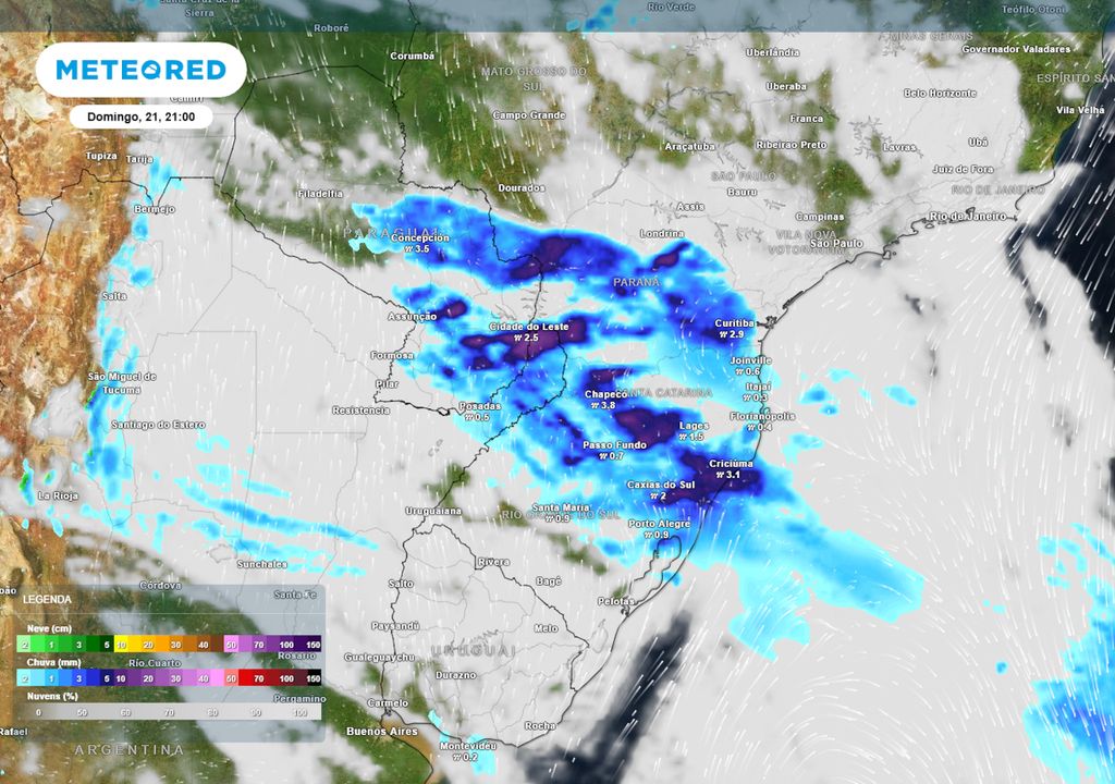 Previsão de nebulosidade, ventos e chuva no domingo durante a noite.