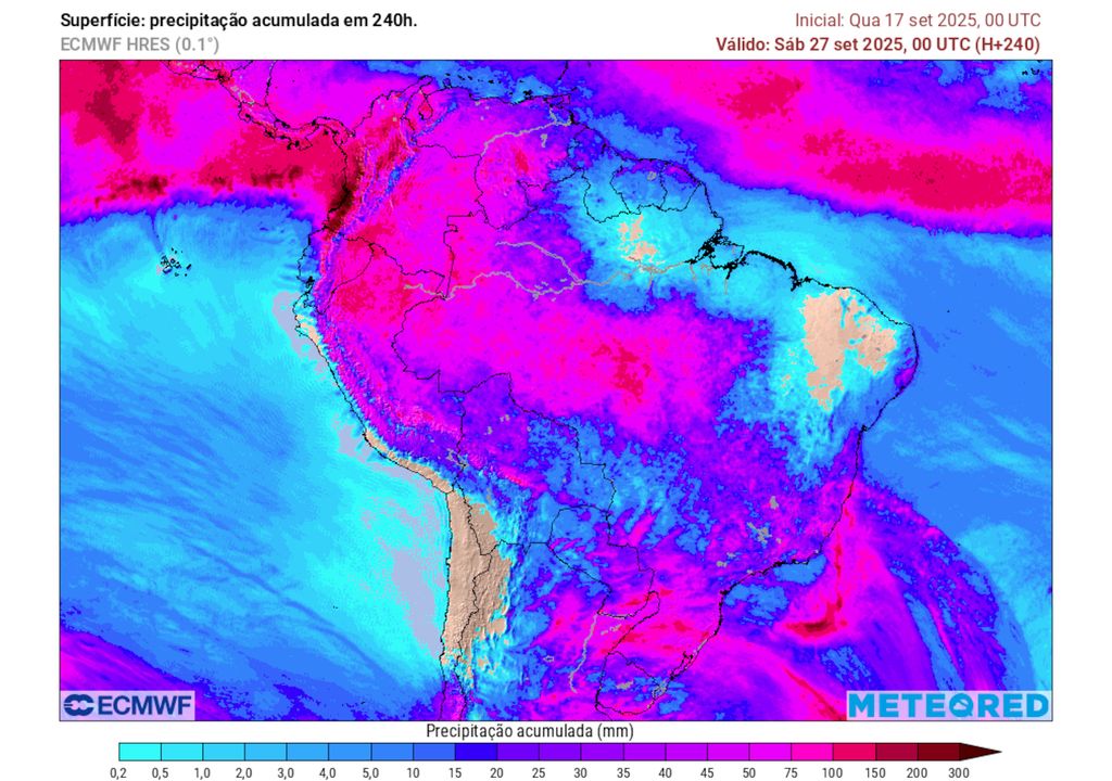 Previsão de acumulados totais de chuva até o sábado da semana que vem.