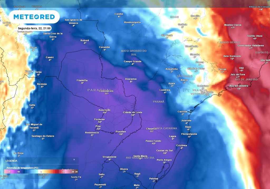 Previsão de anomalias de temperatura em 850 hPa na segunda feira durante a noite.