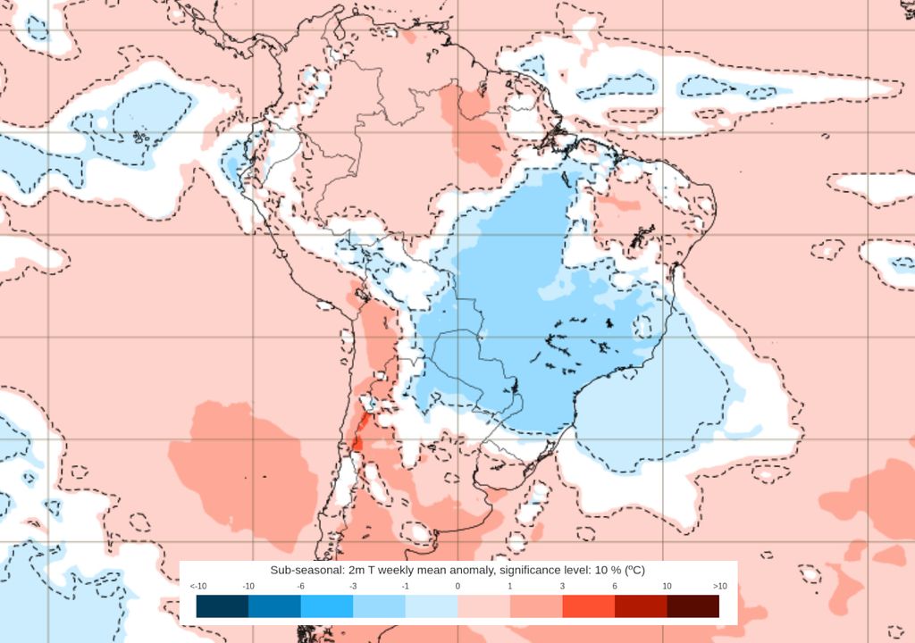 Previsão de anomalias de temperatura entre os dias 22 e 29 de Setembro.