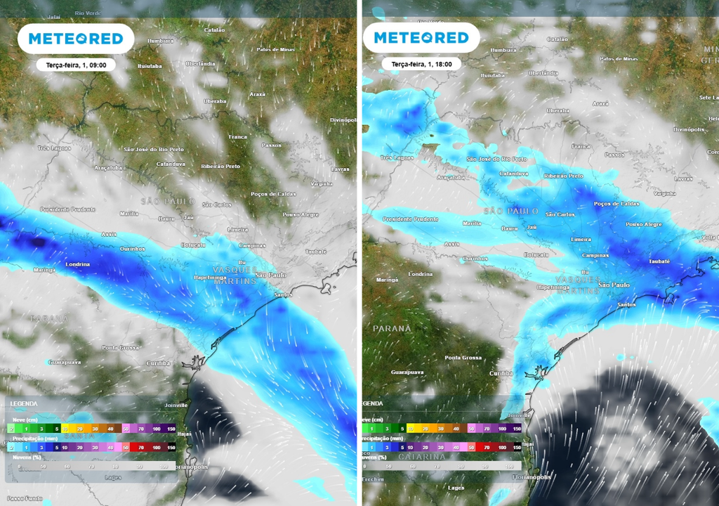 Previsão de precipitação (mm) e nebulosidade para a terça-feira (1º de setembro) às 9h à esquerda e às 18h à direita, segundo o modelo europeu ECMWF.
