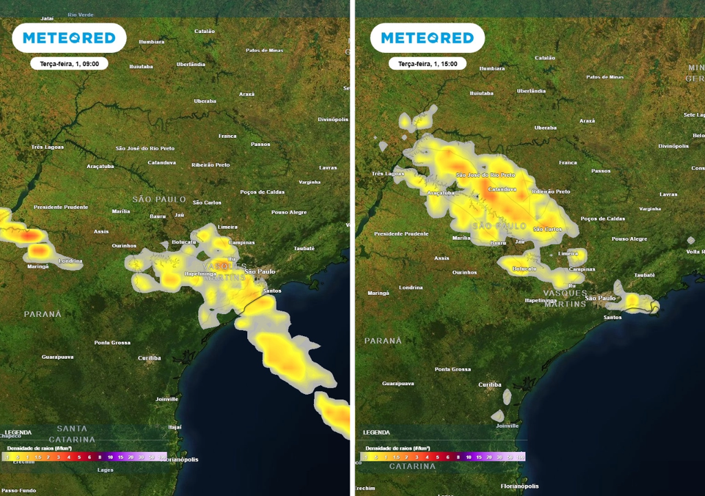 Previsão de densidade de raios (temporais) para a terça-feira (1º de setembro) às 9h à esquerda e às 15h à direita, segundo o modelo europeu ECMWF.