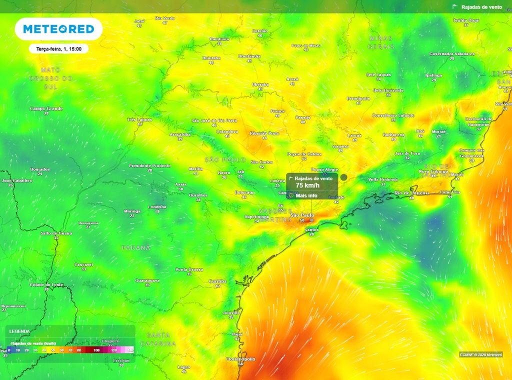 Previsão de rajadas de vento (km/h) para a terça-feira (1º de setembro) às 15h, segundo o modelo europeu ECMWF.