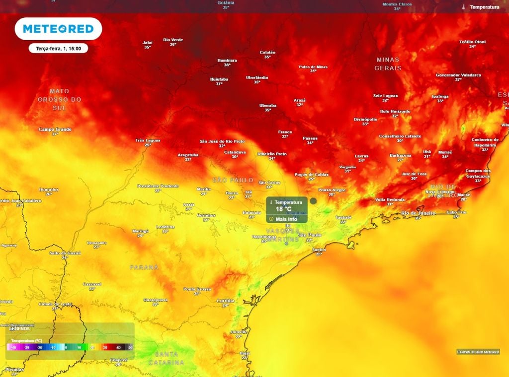 Previsão da temperatura máxima do ar (°C) para a terça-feira, 1º de setembro, segundo o modelo europeu ECMWF.
