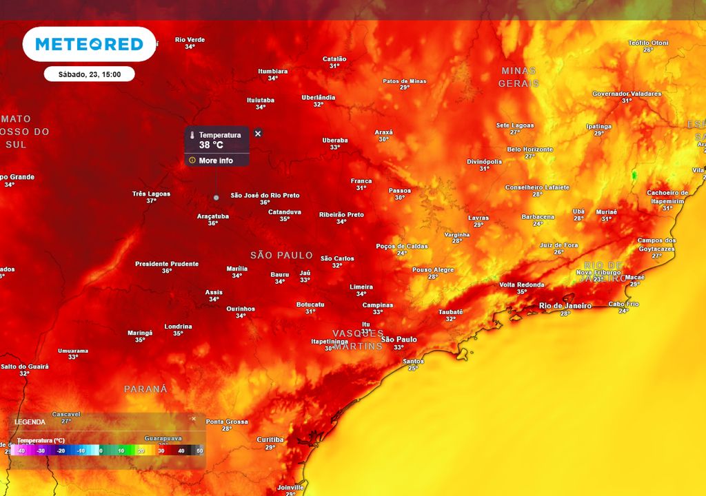 Previsão de temperaturas máximas no sábado durante a tarde.
