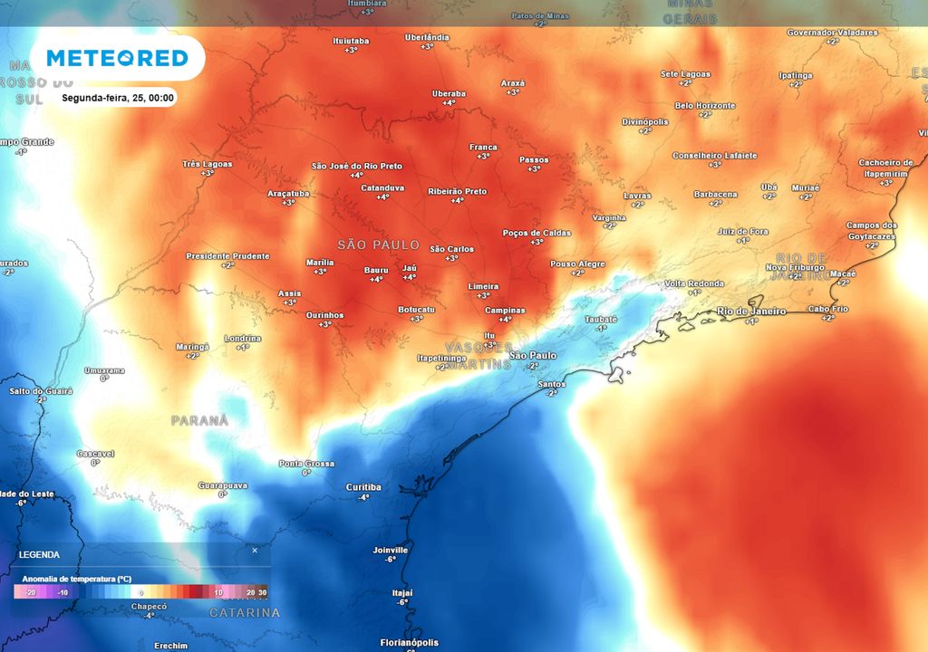 Previsão de anomalia de temperatura em 850 hPa no final do domingo.
