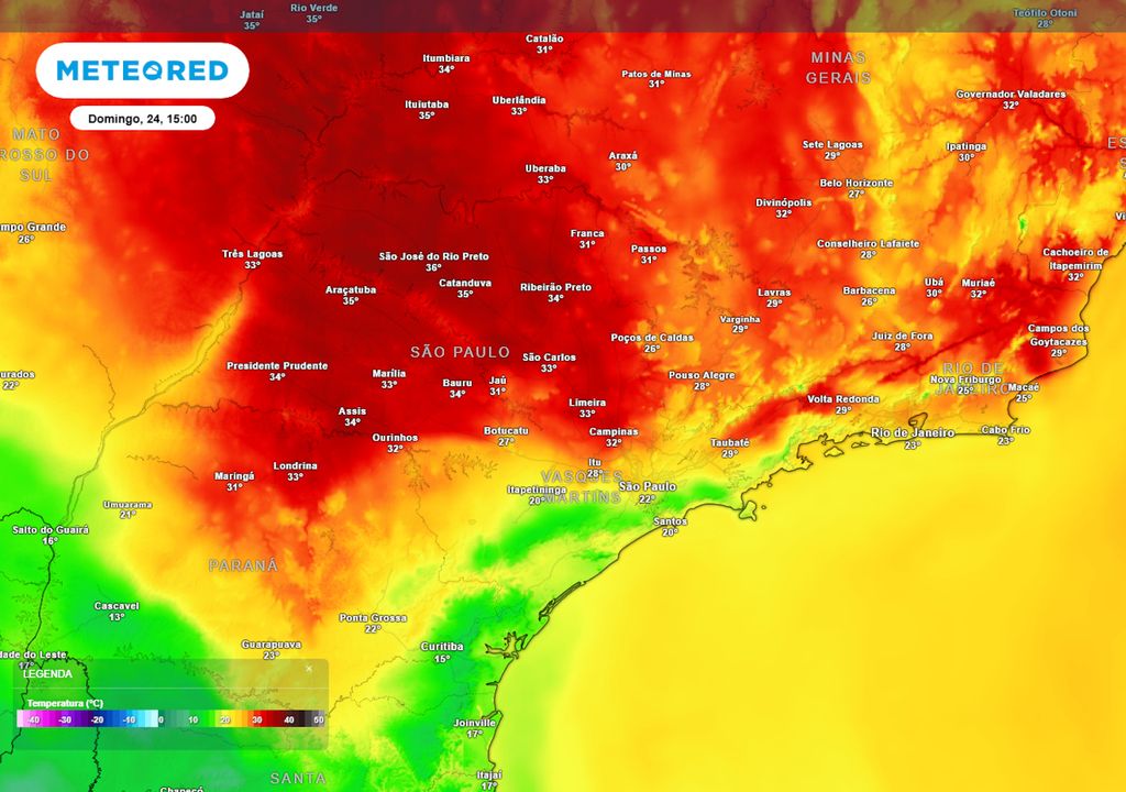 Previsão de temperaturas máximas no domingo durante a tarde.