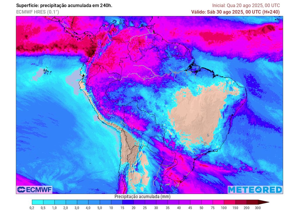 Previsão de chuva total acumulada no Brasil até dia 30 de Agosto.
