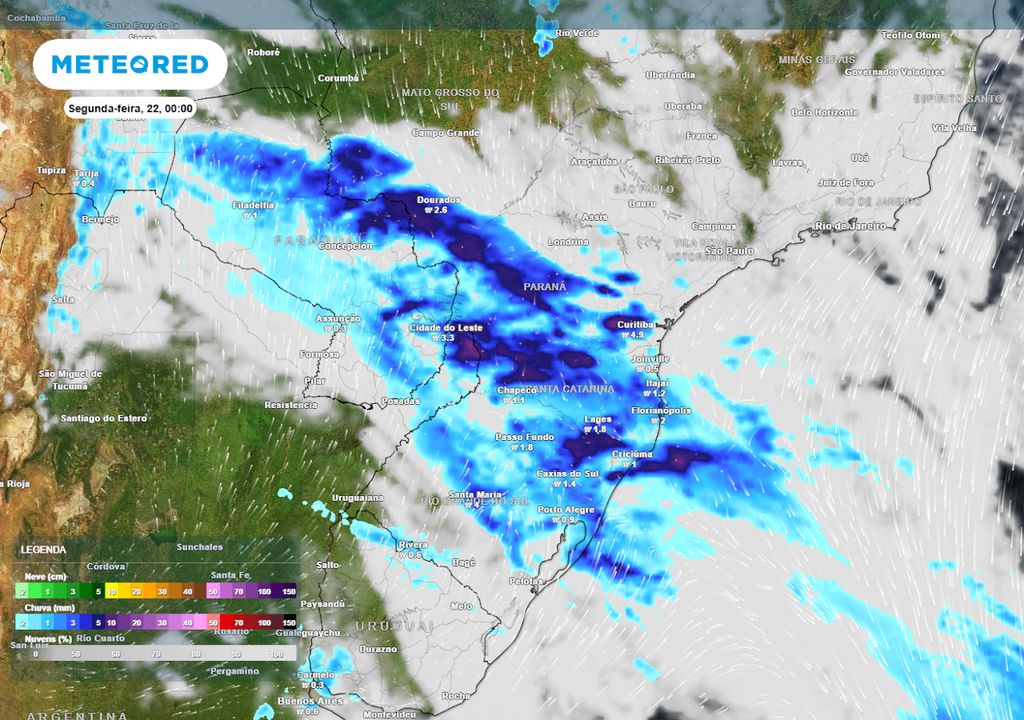 Previsão de ventos, nebulosidade e chuva no início da segunda-feira.