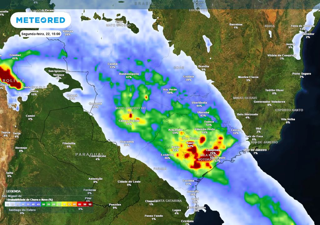 Previsão de probabilidade de chuva na segunda-feira durante a tarde.