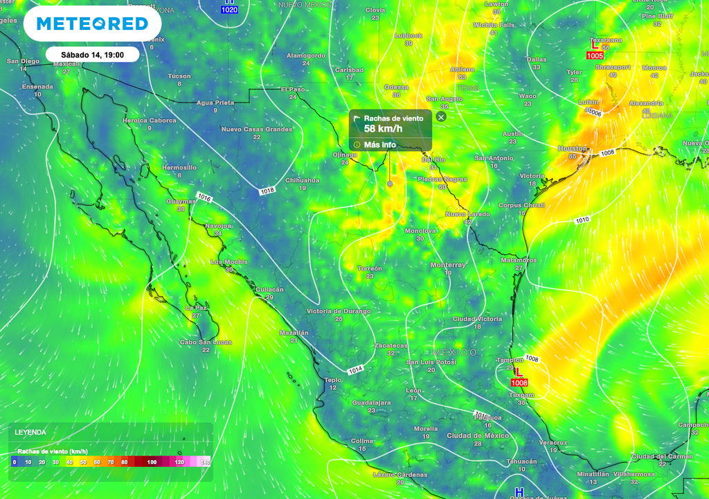 Se prevé viento de hasta 50 km/h con ráfagas de 60 a 70 km/h sobre Coahuila y norte de Tamaulipas. Atentos a la posible formación de tolvaneras.