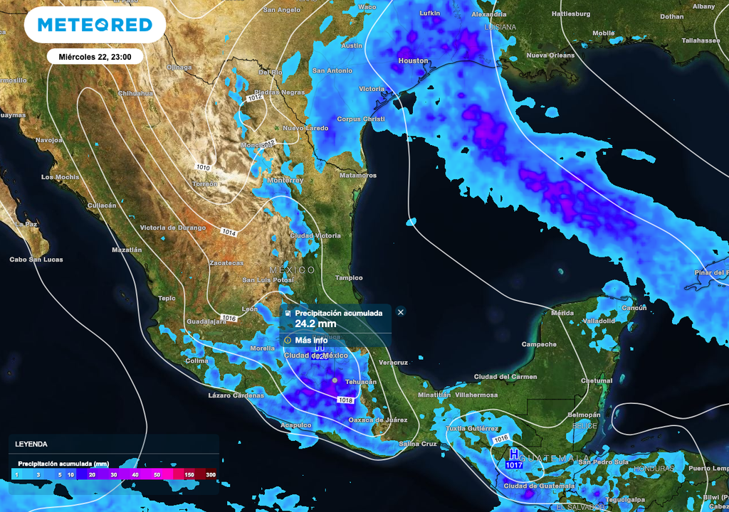Aguaceros aislados en el Centro y Sur de México, y lluvias con chubascos dispersos al Noreste.