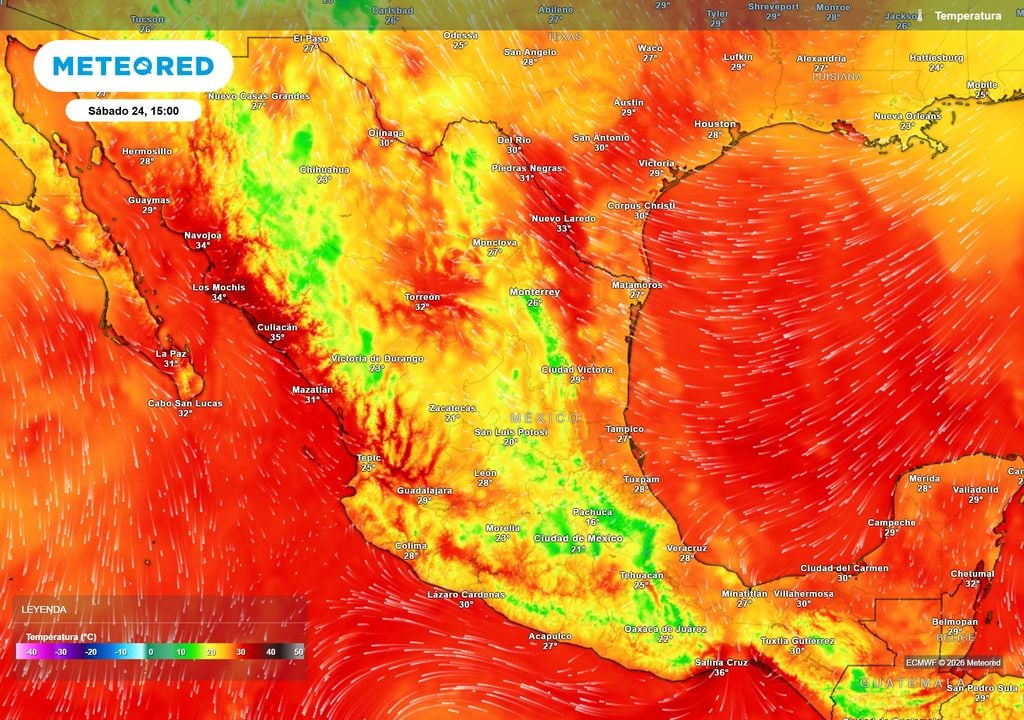Pronóstico de temperaturas en grados Celsius La presencia de nubosidad con lluvias dispersas ayudará a regular temperaturas, estando tempado en general, aunque todavía caluroso en costas superior a 35 °C.
