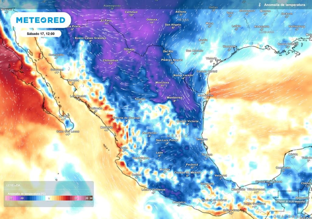 Pronóstico de anomalía de temperaturas en grados Celsius Aire polar-ártico ingresaría a México a finales de semana recorriendo el norte, centro y oriente que, junto con el frente, traerán lluvias, viento y frío.