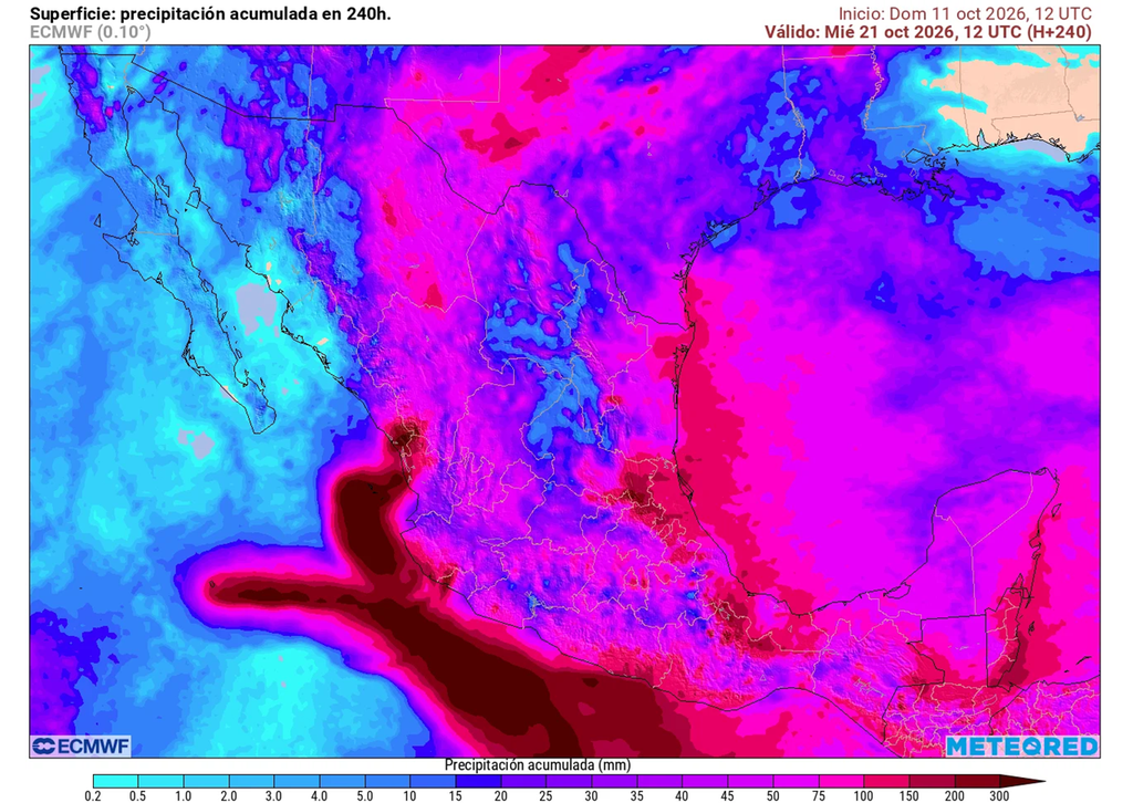 Pronóstico de precipitaciones acumuladas en milímetros Las lluvias esta semana serán por ciclones y un frente frío con acumulados de 20-50 mm en promedio, pero probables 100-250 mm o mayores en el norte, oriente y sureste.