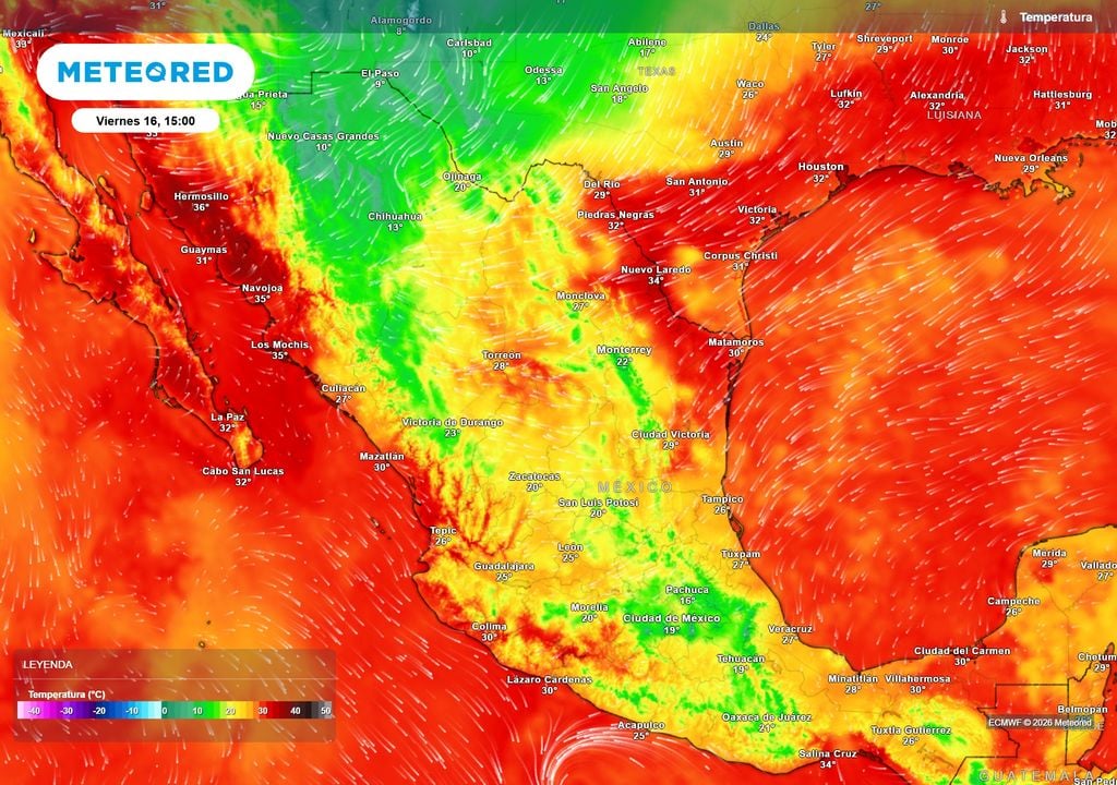 Pronóstico de temperaturas en grados Celsius El calor seguirá en el noroeste, noreste y sureste, pero a finales de semana habrá marcado descenso térmico y viento por aire polar-ártico.