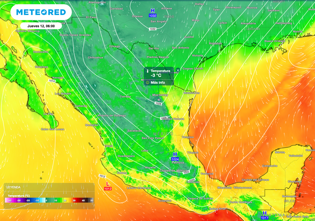 La temperatura mínima para el día mañana al amanecer, tendrá valores -5 a 5 °C, para los estados de Coahuila y Nuevo Leon, lo más frío en regiones montañosas.