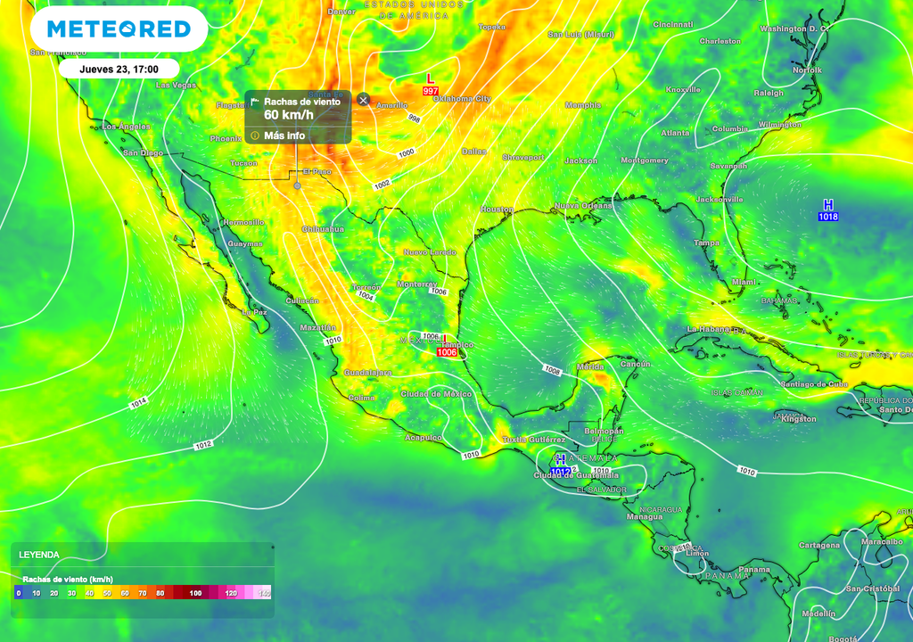 El frente frío 46 y su masa de aire, provocan rachas de 50 a 70 km/h en los estados de Chihuahua y Durango, así como en sectores de la Península de Baja California.