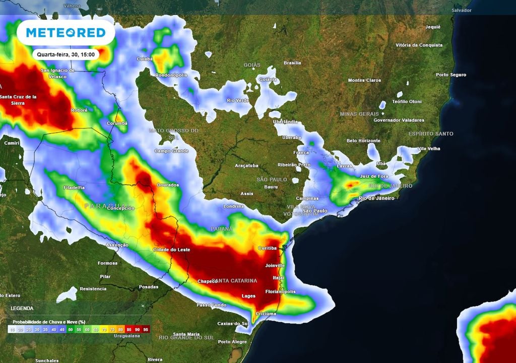 Previsão de probabilidade de chuvas na quarta-feira de tarde mostra tempestades se formando de maneira intensa sobre o Sul, podendo atingir também parte do Sudeste e Centro-Oeste.