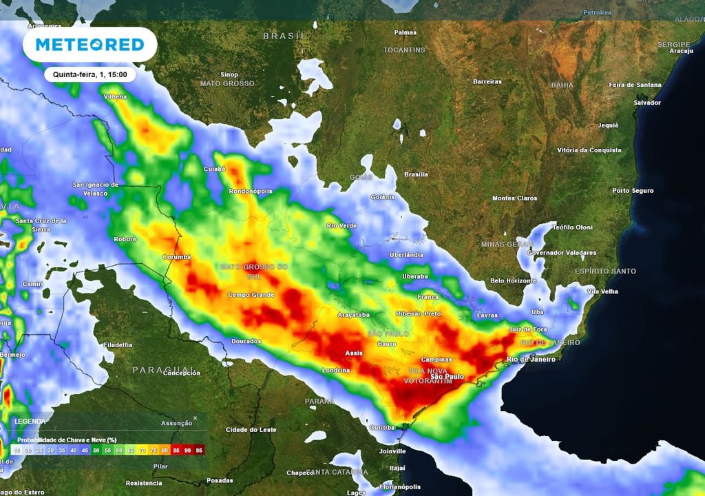 Previsão de probabilidade de chuvas na quinta-feira de tarde mostra tempestades se formando de maneira intensa sobre uma faixa que compreende o Sudeste e Centro-Oeste do país.
