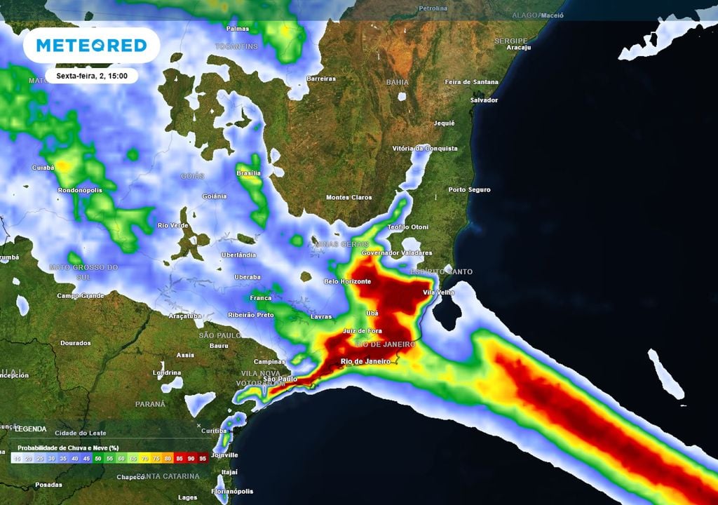 Previsão de probabilidade de chuvas na sexta-feira de tarde mostra tempestades se form ando de maneira mais abrangente sobre o Sudeste, atingindo parte dos estados de MG, RJ e ES.