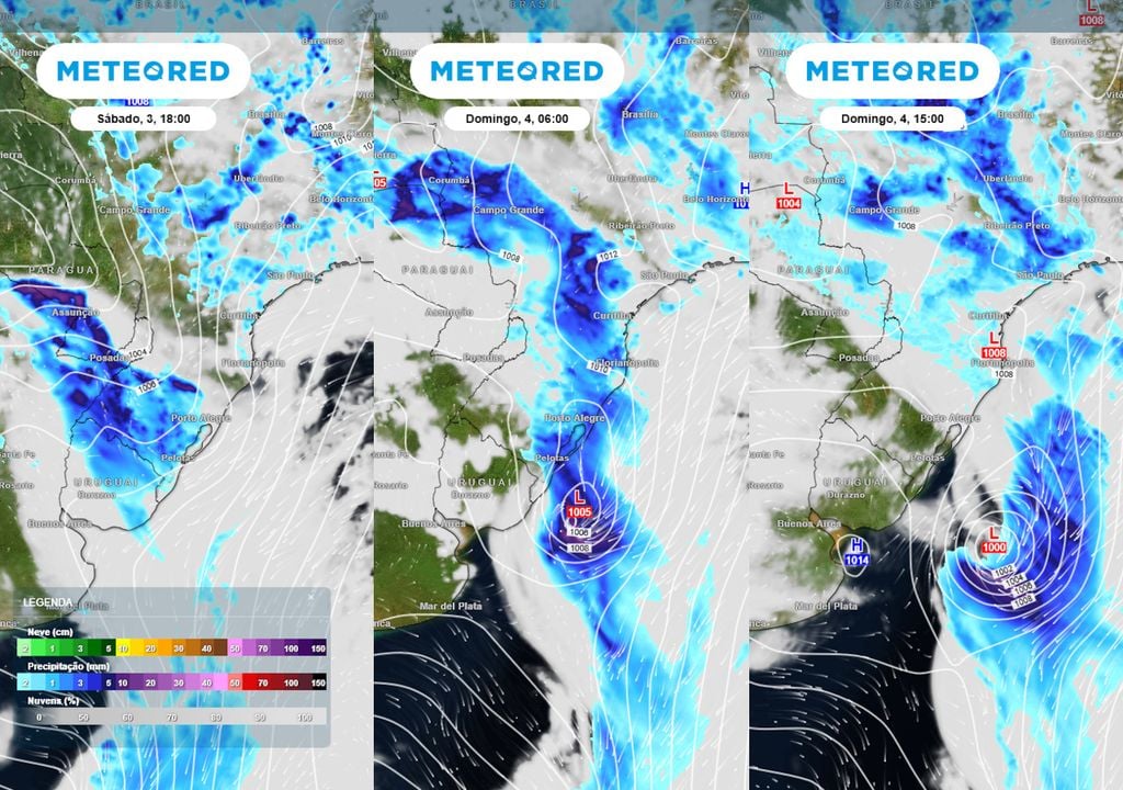 Previsão de nebulosidade, ventos e chuva mostra que uma segunda frente fria se forma entre o sábado e o domingo, causando pancadas de chuva sobre o Sul, Sudeste e Centro-Oeste.