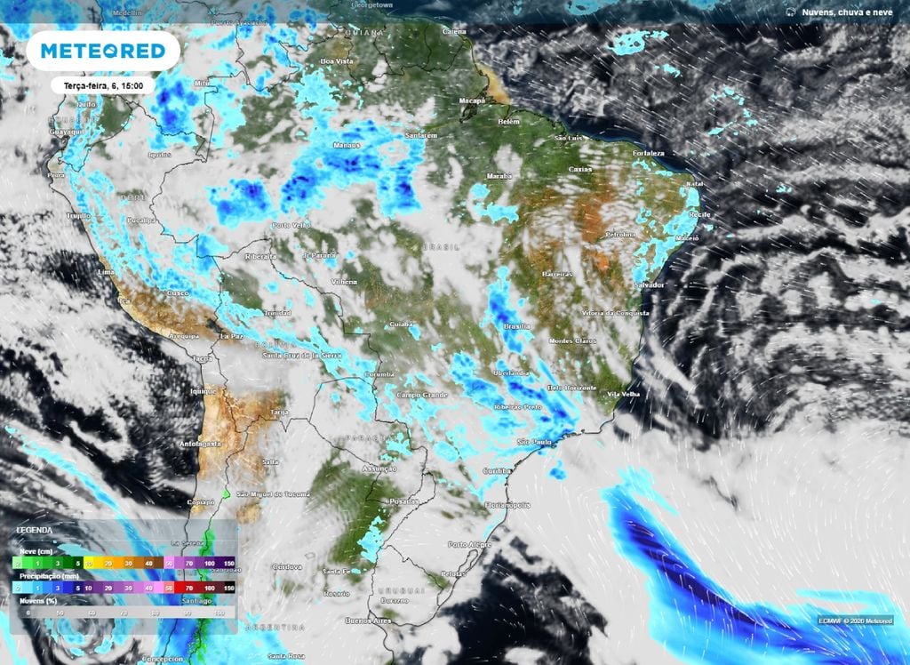 Nebulosidade e chuva Previsão de presença de nuvens e chuva para a tarde de terça-feira (6).