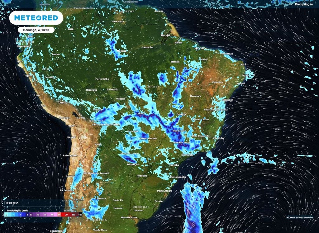 Precipitação e vento Previsão de precipitação e vento em superfície para o domingo (4).