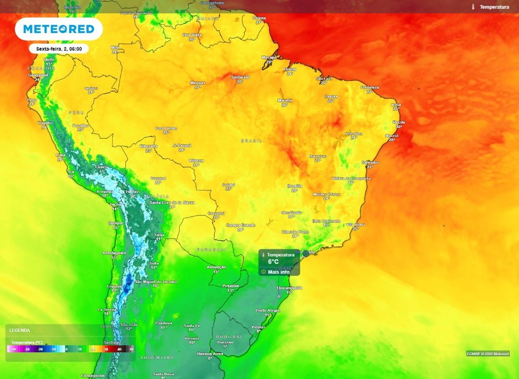 Temperatura Mapa de temepratura previsto para o amanhecer desta sexta-feira (2).