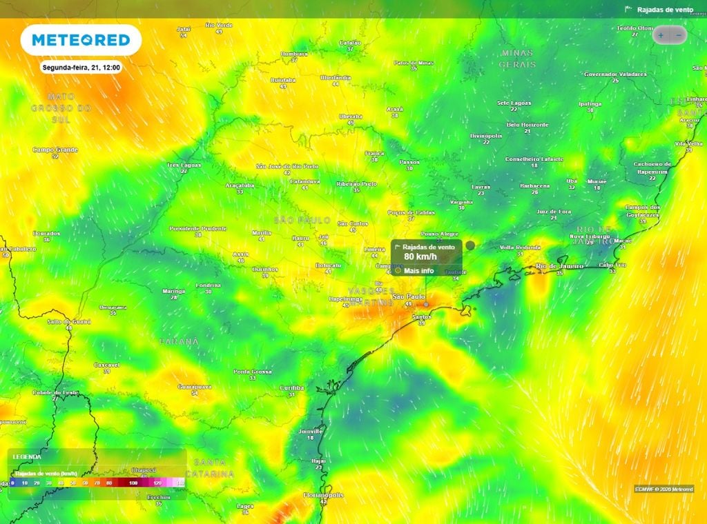 Previsão de rajadas de vento (km/h) para a segunda-feira (21) às 12h, segundo o modelo europeu ECMWF.