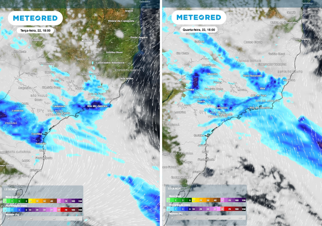Previsão de chuva (mm) e nebulosidade para terça-feira (22) às 18h à esquerda e quarta-feira (23) às 15h à direita, segundo o modelo europeu ECMWF.