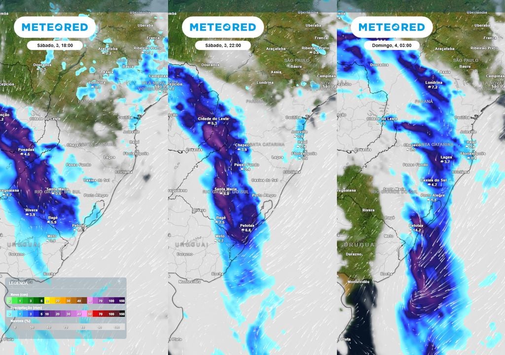 Previsão de nebulosidade e chuva ao longo do sábado e domingo. Previsão de nebulosidade e chuva ao longo do sábado e domingo mostram o avanço de uma frente fria pela região Sul, ocasionando pancadas fortes de chuva neste final de semana.